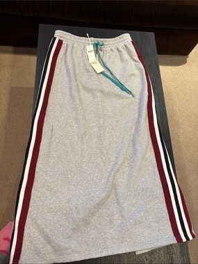 Gray Maxi Sweat Skirt with Burgundy & Black Side Stripes